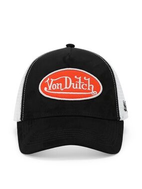 Von Dutch Black Cap with White Mesh and Orange Logo Patch suede